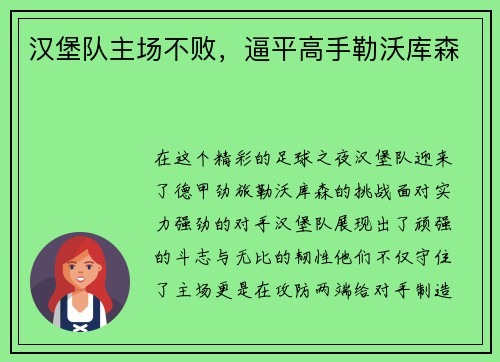 汉堡队主场不败，逼平高手勒沃库森
