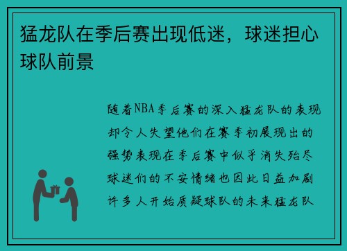 猛龙队在季后赛出现低迷，球迷担心球队前景
