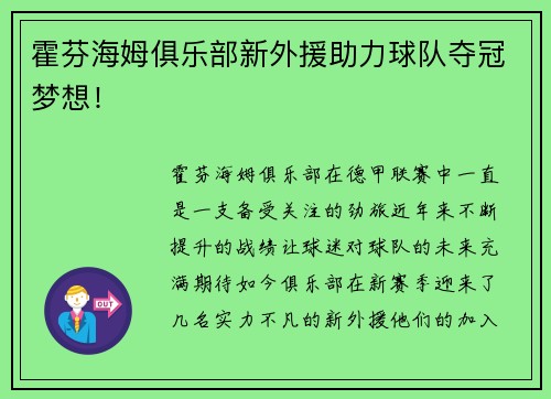 霍芬海姆俱乐部新外援助力球队夺冠梦想！